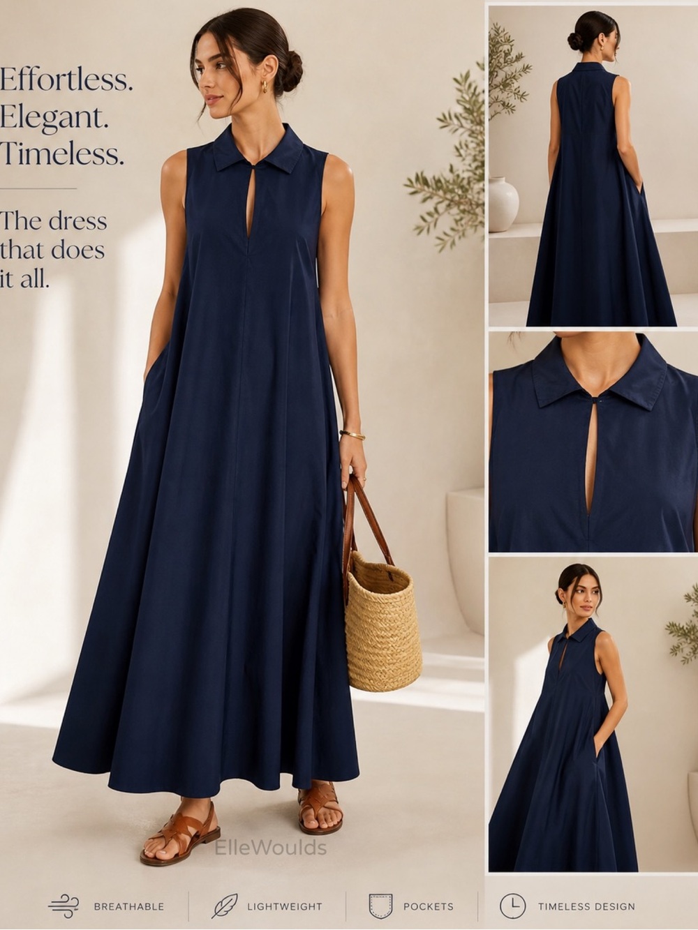 Emporio Armani Cotton Poplin Maxi Dress Navy Blue Casual Size 40 US Size 4 $395